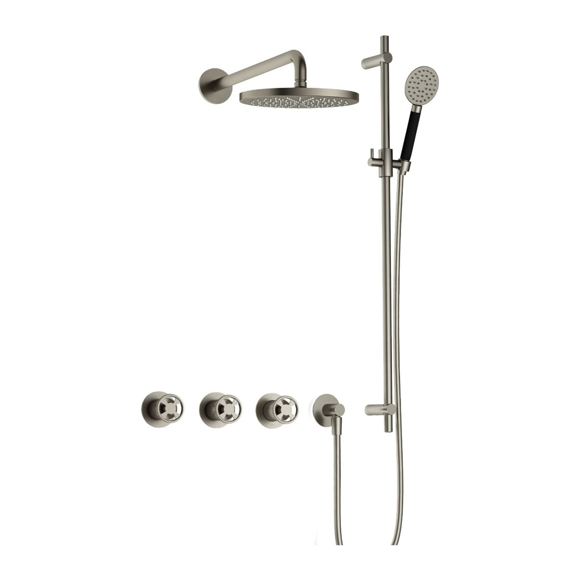 Hotbath Cobber @Work IBSW70 inbouw regendoucheset thermostatisch met 2 stopkranen Geborsteld nikkel Ronde handdouche + wandarm + hoofddouche 20 cm + glijstang productfoto