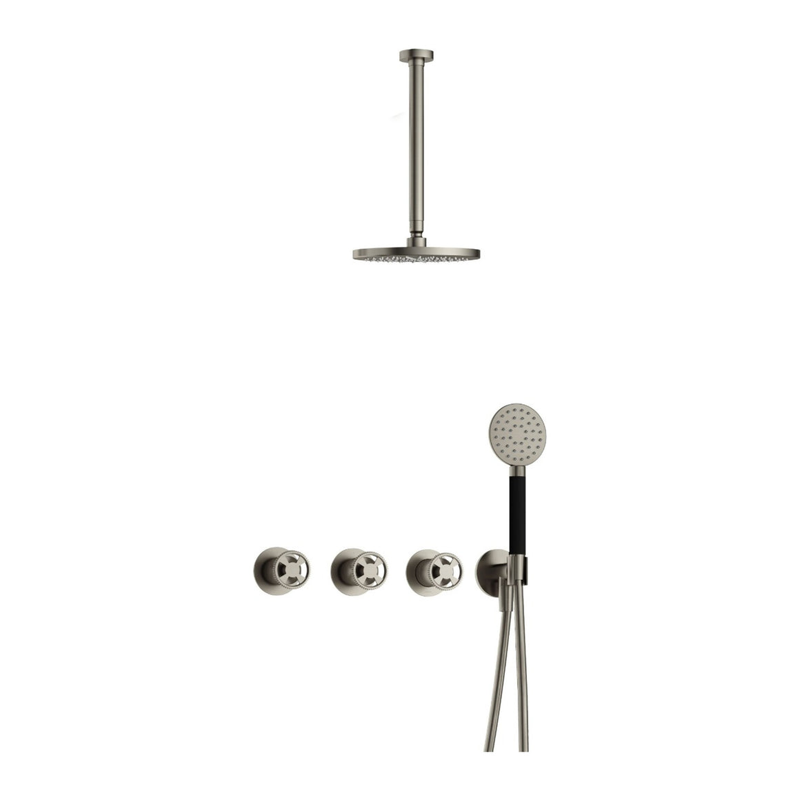 Hotbath Cobber @Work IBSW70 inbouw regendoucheset thermostatisch met 2 stopkranen Geborsteld nikkel Ronde handdouche + plafondbuis 30 cm + hoofddouche 20 cm productfoto