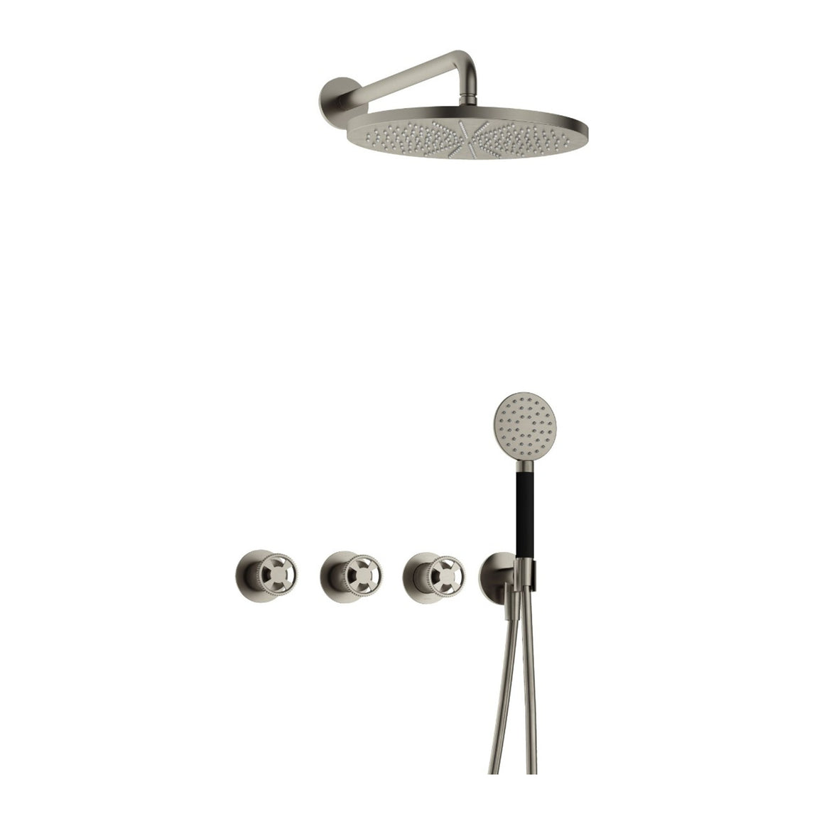 Hotbath Cobber @Work IBSW70 inbouw regendoucheset thermostatisch met 2 stopkranen Geborsteld nikkel Ronde handdouche + wandarm + hoofddouche 30 cm productfoto