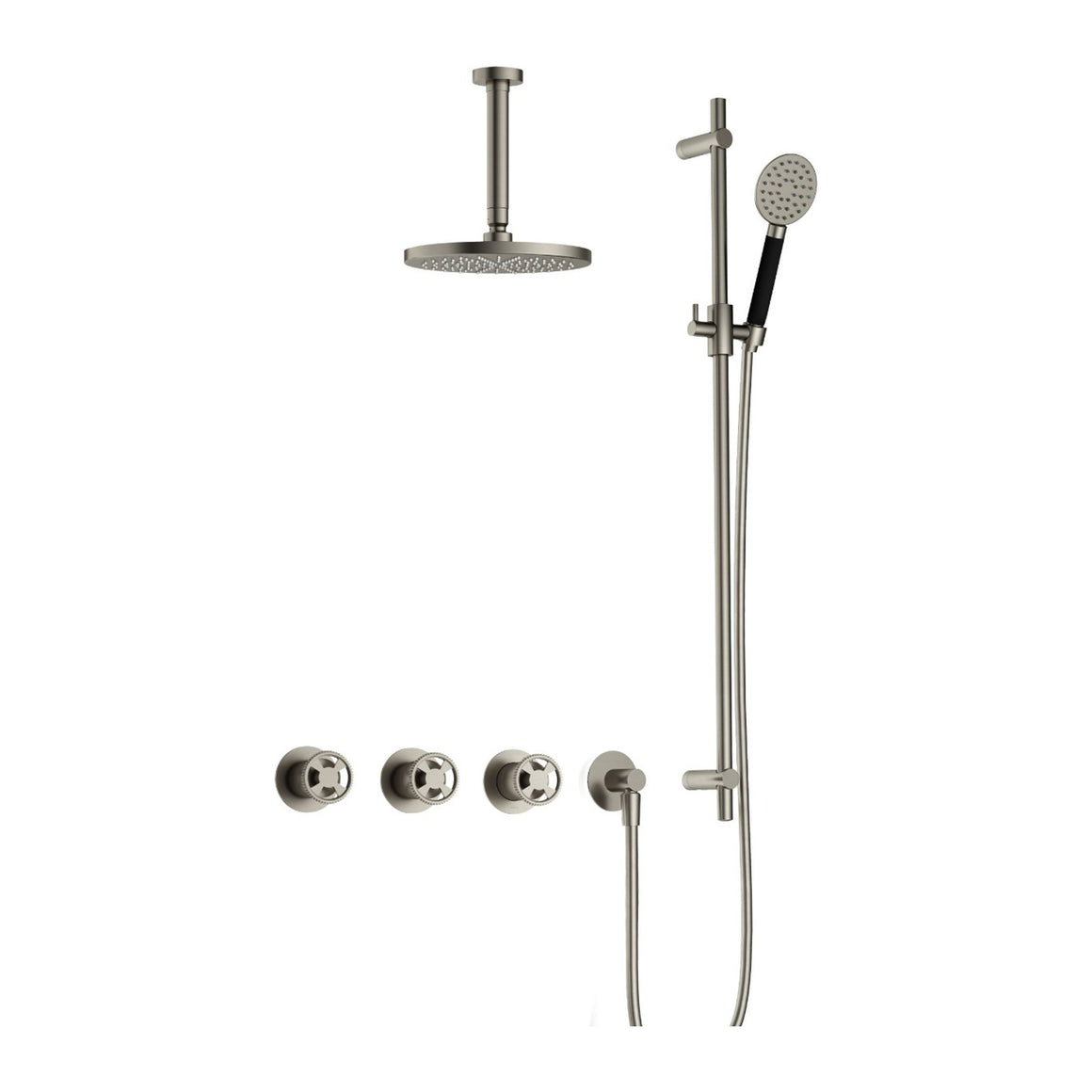 Hotbath Cobber @Work IBSW70 inbouw regendoucheset thermostatisch met 2 stopkranen Geborsteld nikkel Ronde handdouche + plafondbuis 15 cm + hoofddouche 20 cm + glijstang productfoto