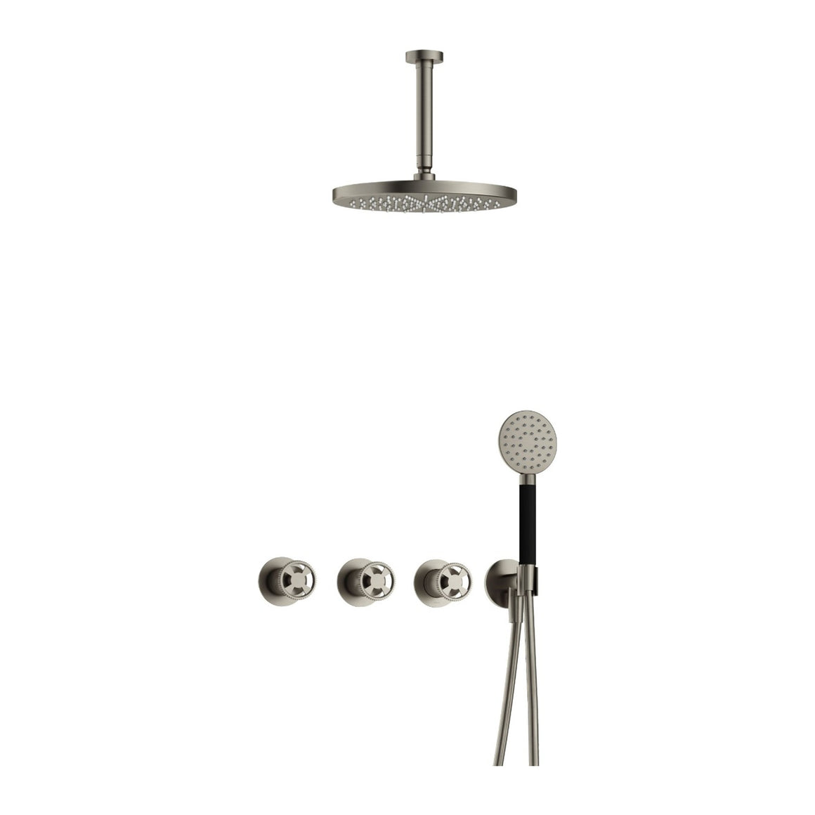 Hotbath Cobber @Work IBSW70 inbouw regendoucheset thermostatisch met 2 stopkranen Geborsteld nikkel Ronde handdouche + plafondbuis 15 cm + hoofddouche 30 cm productfoto