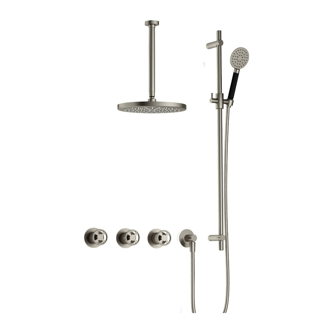 Hotbath Cobber @Work IBSW70 inbouw regendoucheset thermostatisch met 2 stopkranen Geborsteld nikkel Ronde handdouche + plafondbuis 30 cm + hoofddouche 20 cm + glijstang productfoto