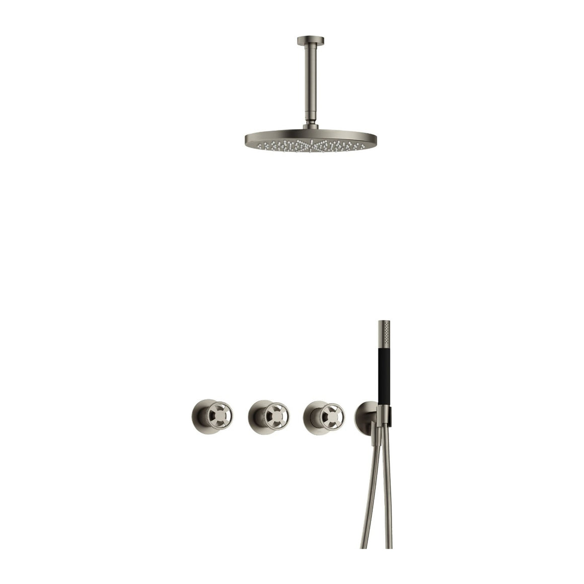Hotbath Cobber @Work IBSW70 inbouw regendoucheset thermostatisch met 2 stopkranen Geborsteld nikkel Staafhanddouche + plafondbuis 15 cm + hoofddouche 30 cm productfoto