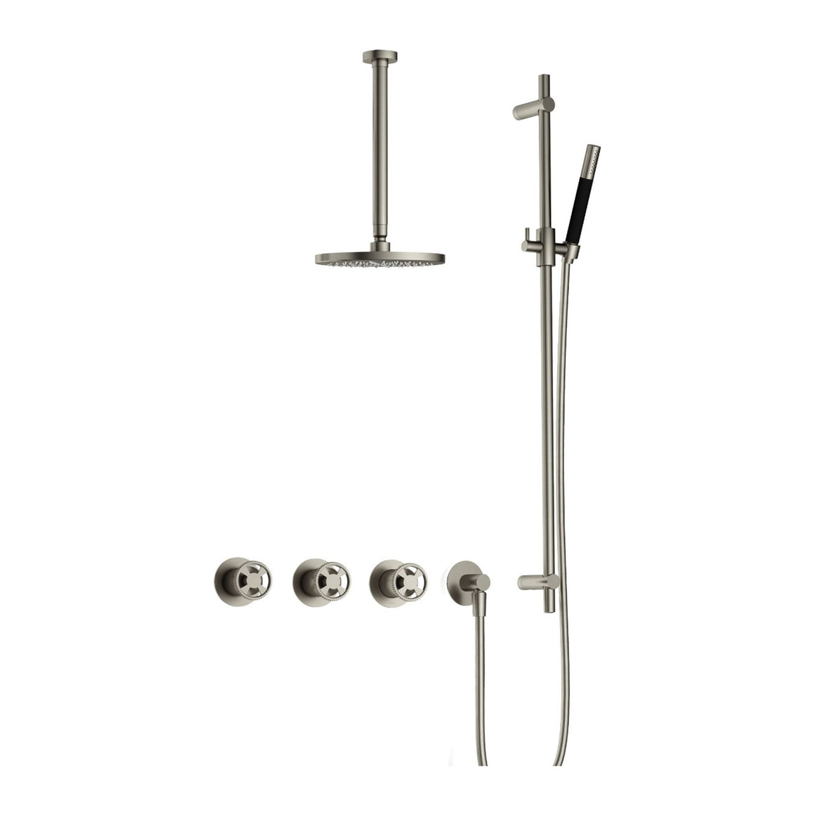 Hotbath Cobber @Work IBSW70 inbouw regendoucheset thermostatisch met 2 stopkranen Geborsteld nikkel Staafhanddouche + plafondbuis 30 cm + hoofddouche 20 cm + glijstang productfoto