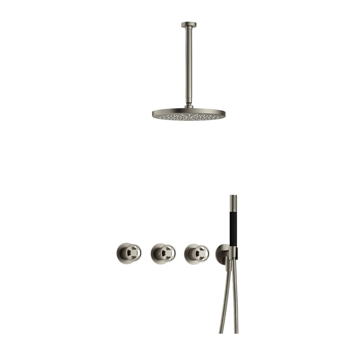 Hotbath Cobber @Work IBSW70 inbouw regendoucheset thermostatisch met 2 stopkranen Geborsteld nikkel Staafhanddouche + plafondbuis 30 cm + hoofddouche 30 cm productfoto