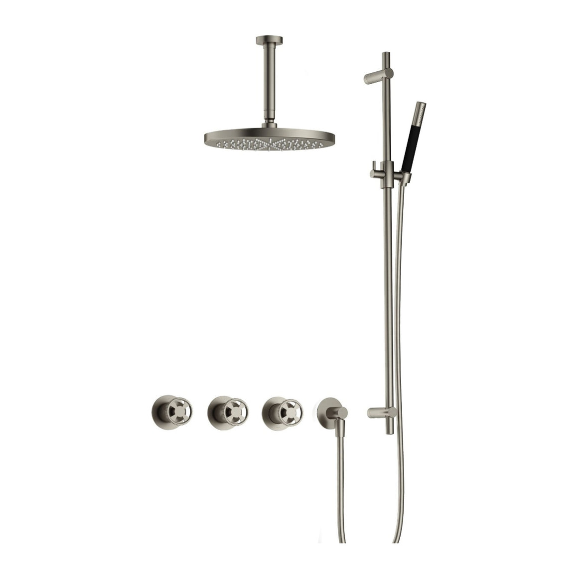 Hotbath Cobber @Work IBSW70 inbouw regendoucheset thermostatisch met 2 stopkranen Geborsteld nikkel Staafhanddouche + plafondbuis 15 cm + hoofddouche 30 cm + glijstang productfoto
