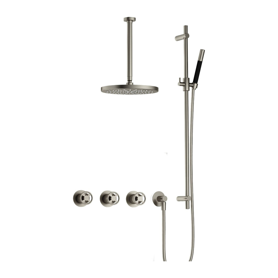 Hotbath Cobber @Work IBSW70 inbouw regendoucheset thermostatisch met 2 stopkranen Geborsteld nikkel Staafhanddouche + plafondbuis 30 cm + hoofddouche 30 cm + glijstang productfoto