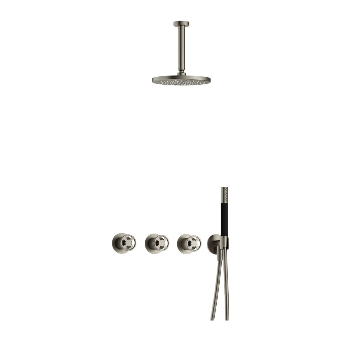 Hotbath Cobber @Work IBSW70 inbouw regendoucheset thermostatisch met 2 stopkranen Geborsteld nikkel Staafhanddouche + plafondbuis 15 cm + hoofddouche 20 cm productfoto