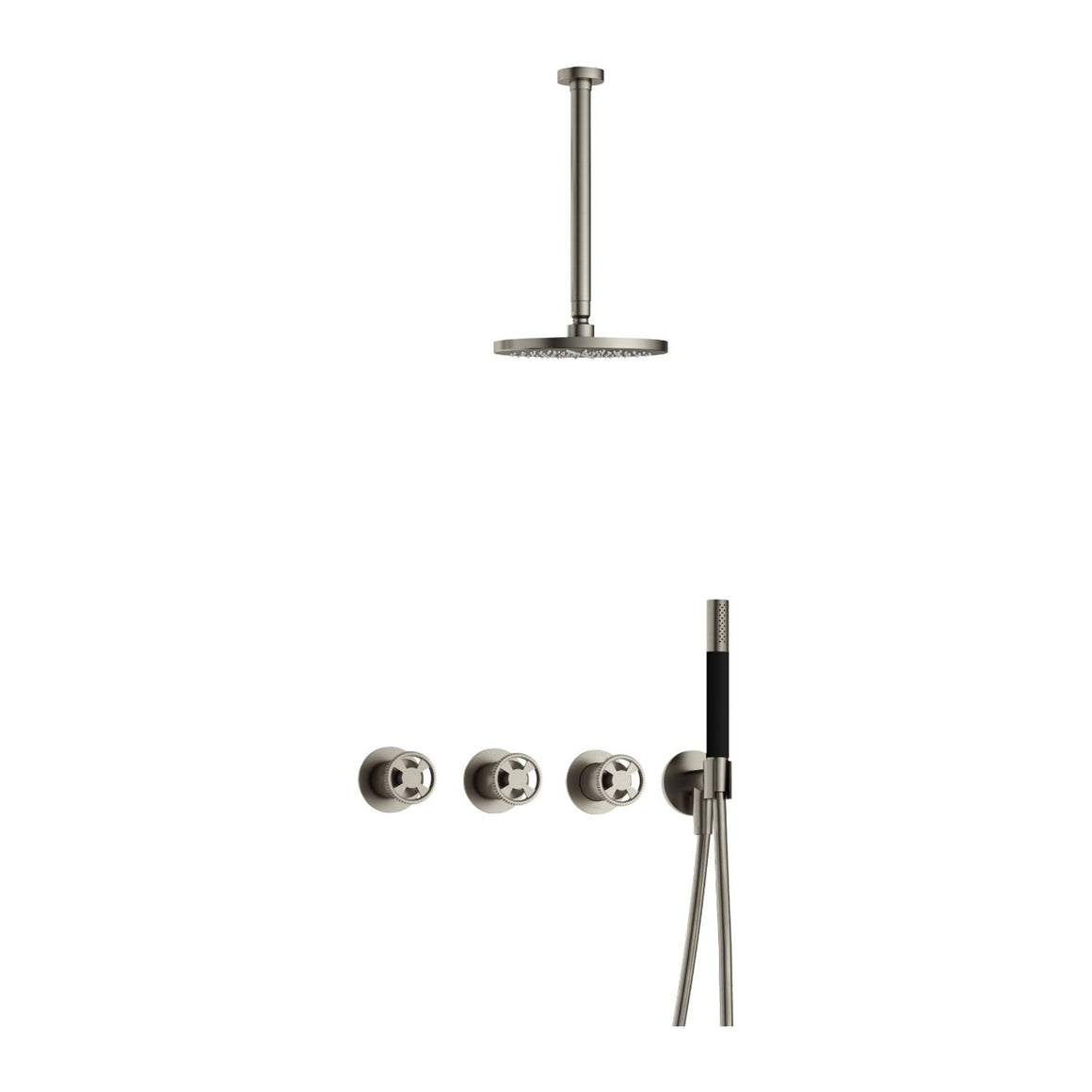 Hotbath Cobber @Work IBSW70 inbouw regendoucheset thermostatisch met 2 stopkranen Geborsteld nikkel Staafhanddouche + plafondbuis 30 cm + hoofddouche 20 cm productfoto