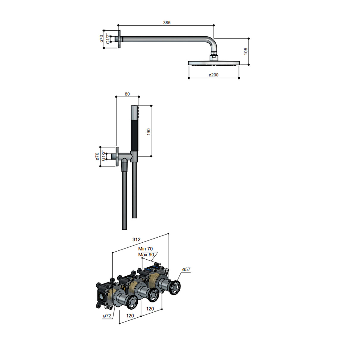 Hotbath Cobber @Work IBSW70 inbouw regendoucheset thermostatisch met 2 stopkranen Geborsteld nikkel Staafhanddouche + wandarm + hoofddouche 30 cm productfoto