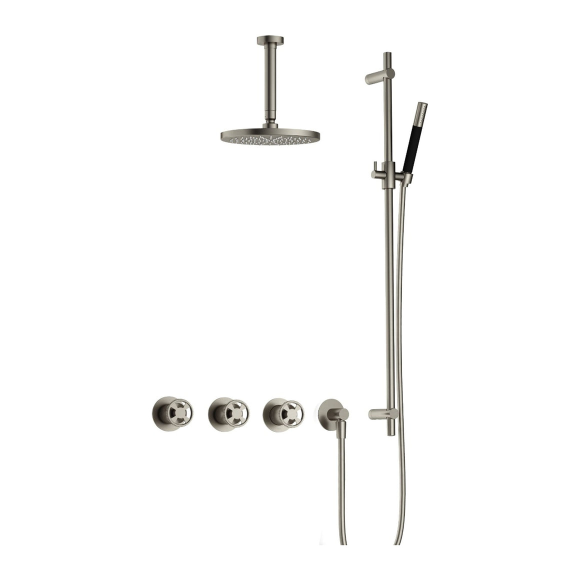 Hotbath Cobber @Work IBSW70 inbouw regendoucheset thermostatisch met 2 stopkranen Geborsteld nikkel Staafhanddouche + plafondbuis 15 cm + hoofddouche 20 cm + glijstang productfoto
