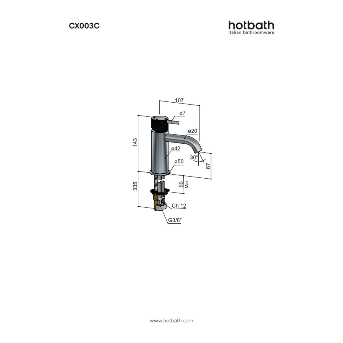 Hotbath Cobber X CX003C wastafelmengkraan technische tekening