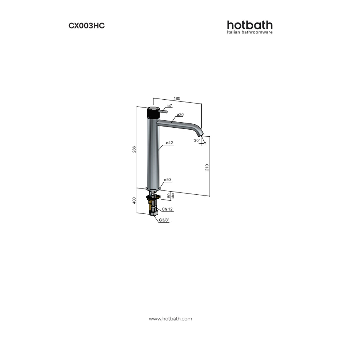 Hotbath Cobber X CX003HC hoge wastafelmengkraan technische tekening