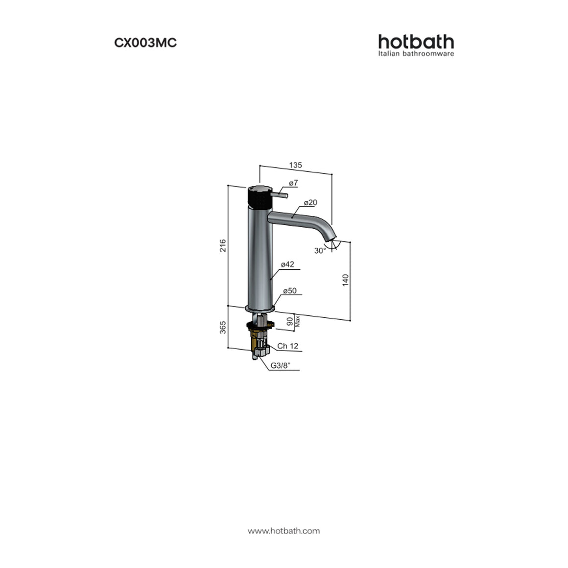 Hotbath Cobber X CX003MC halfhoge wastafelmengkraan technische tekening