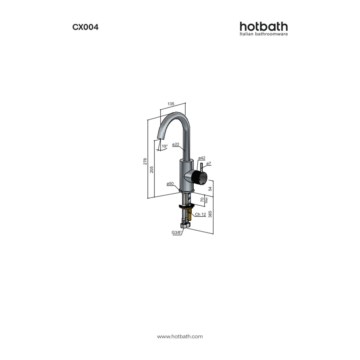 Hotbath Cobber X CX004 wastafelmengkraan met draaibare uitloop technische tekening