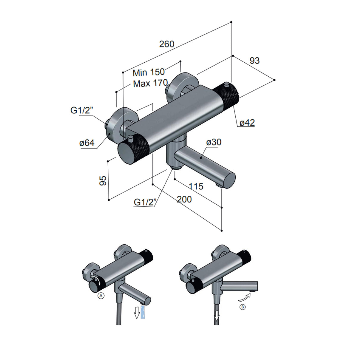 Hotbath Cobber X CX020 thermostatische badmengkraan met wegdraaibare omstel-uitloop Chroom productfoto