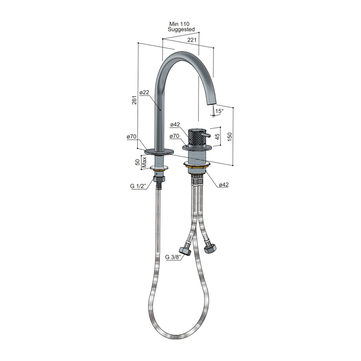 Hotbath Cobber X CX023 2-gats wastafelmengkraan technische tekening