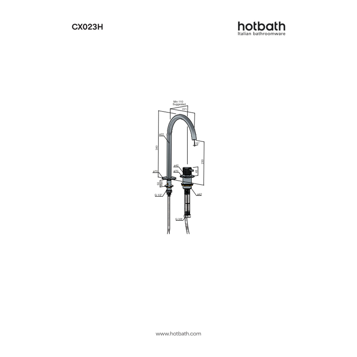 Hotbath Cobber X CX023H hoge 2-gats wastafelmengkraan technische tekening