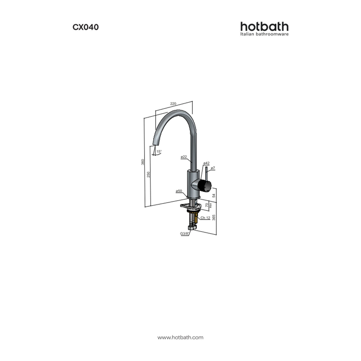 Hotbath Cobber X CX040 keukenmengkraan met draaibare gebogen uitloop technische tekening