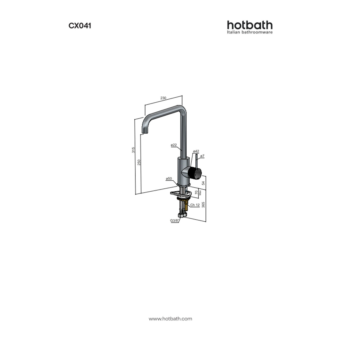 Hotbath Cobber X CX041 keukenmengkraan met draaibare rechte uitloop technische tekening