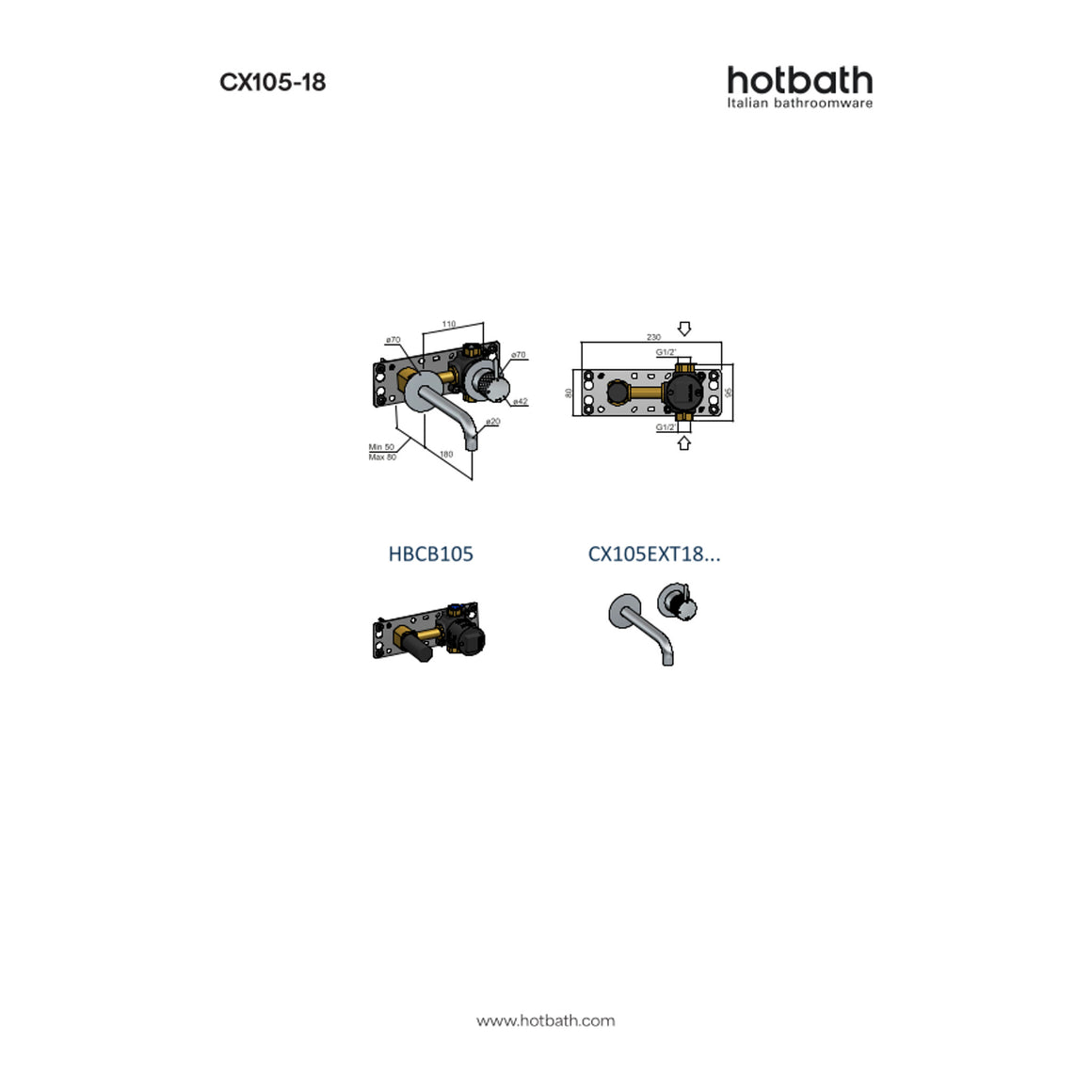Hotbath Cobber X CX105 inbouw wastafelmengkraan 2-gats 18 cm technische tekening