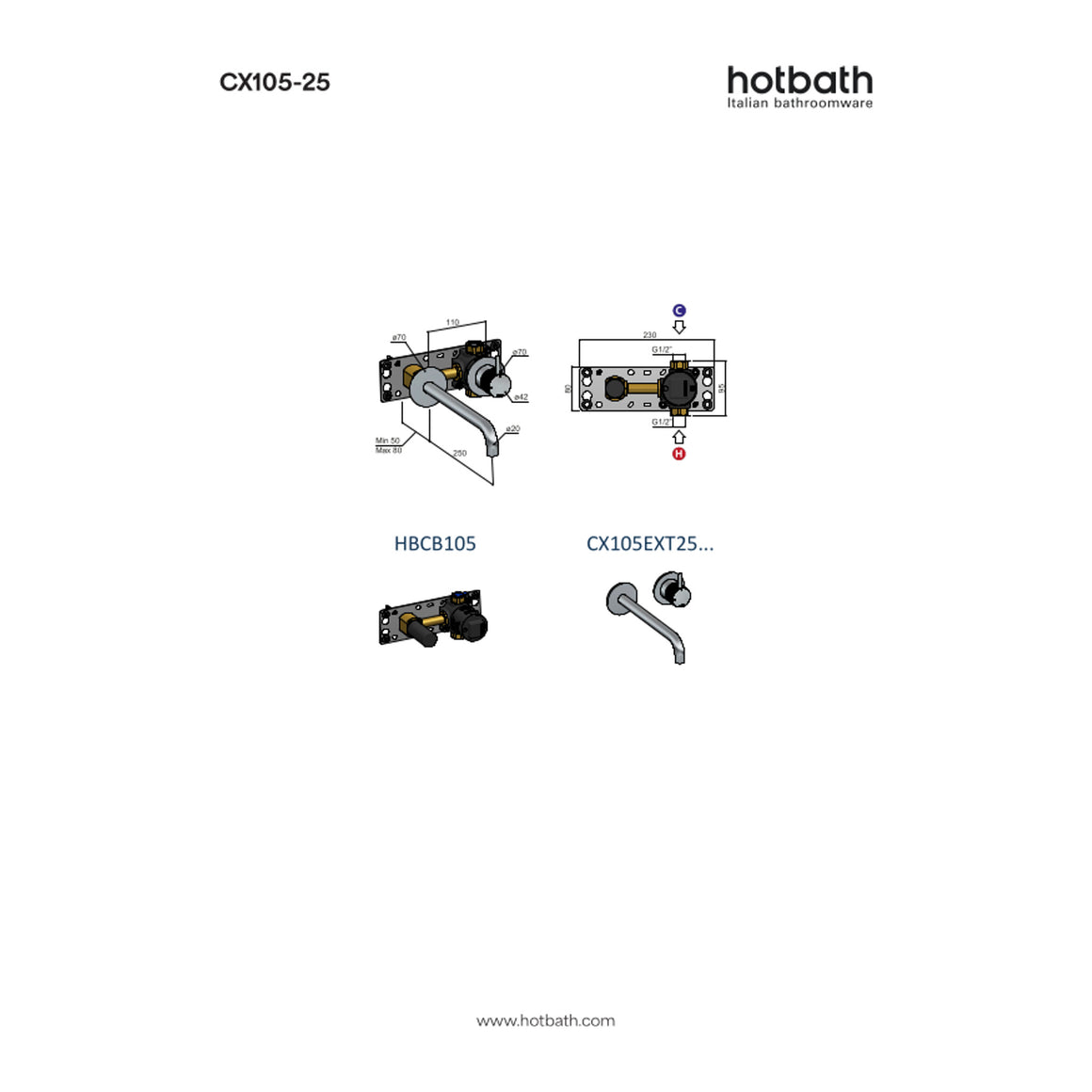 Hotbath Cobber X CX105 inbouw wastafelmengkraan 2-gats 25 cm technische tekening