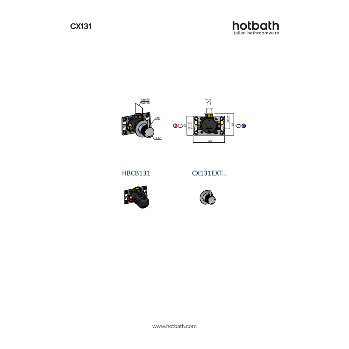 Hotbath Cobber X CX131 inbouw douchemengkraan technische tekening
