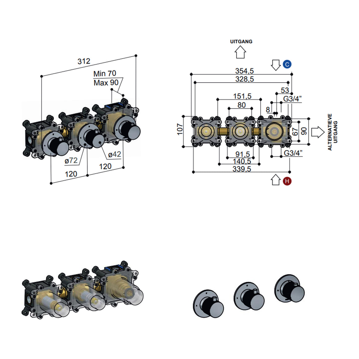 Hotbath Cobber X CX7067 inbouw douchethermostaat met 2 stopkranen Geborsteld nikkel productfoto
