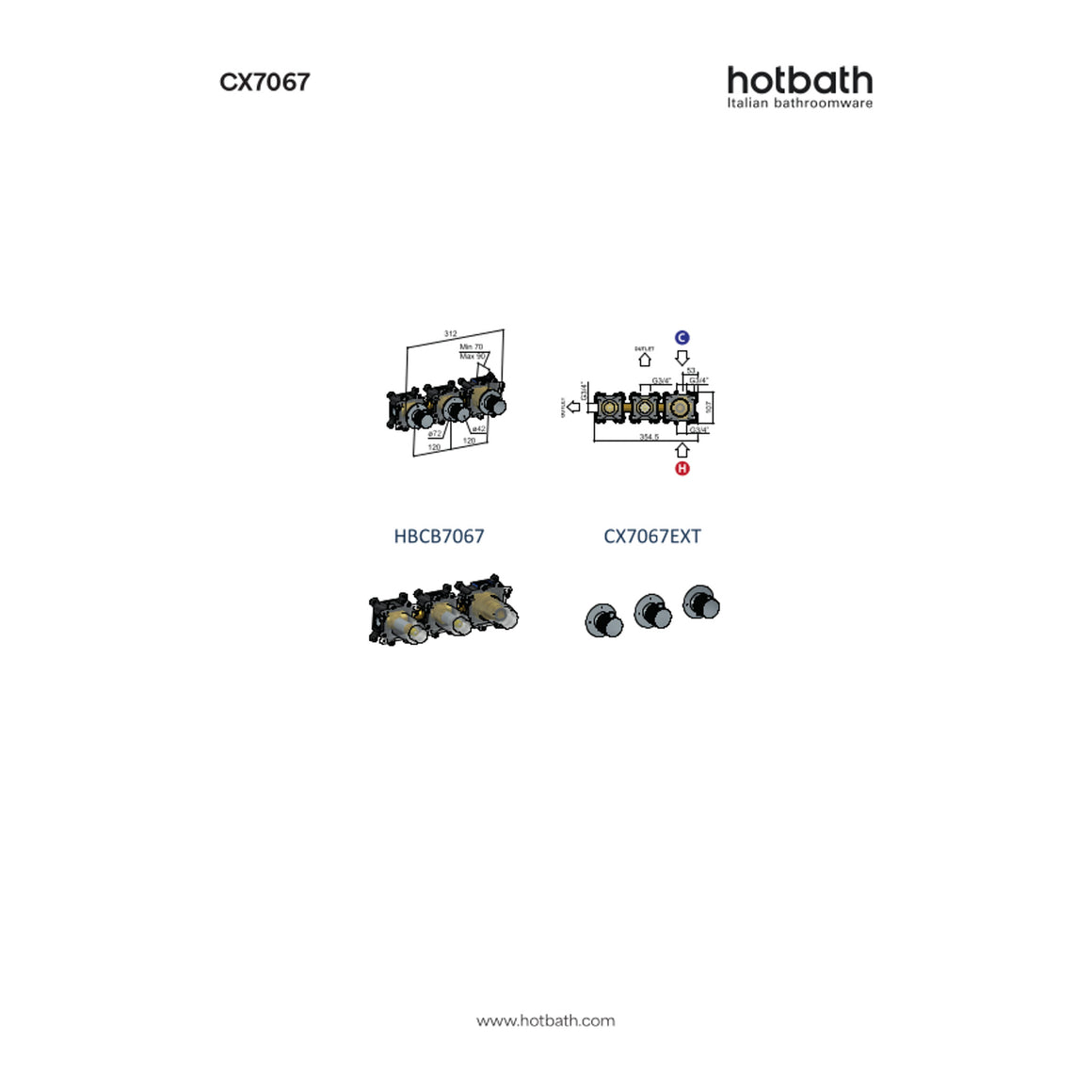 Hotbath Cobber X CX7067 inbouw douchethermostaat met 2 stopkranen technische tekening