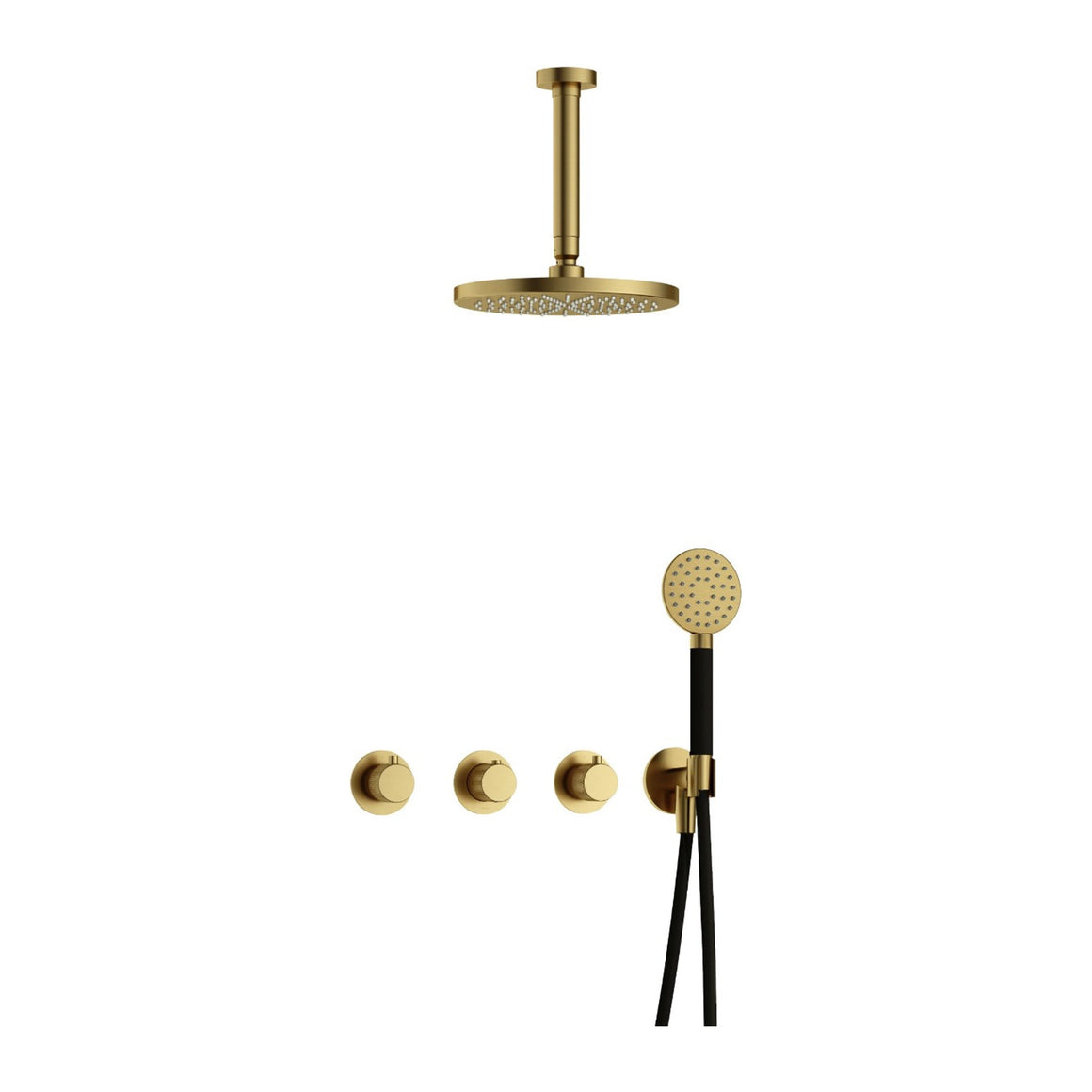 Hotbath Cobber X IBSX70 inbouw regendoucheset thermostatisch met 2 stopkranen Geborsteld messing PVD Ronde handdouche + plafondbuis 15 cm + hoofddouche 20 cm productfoto