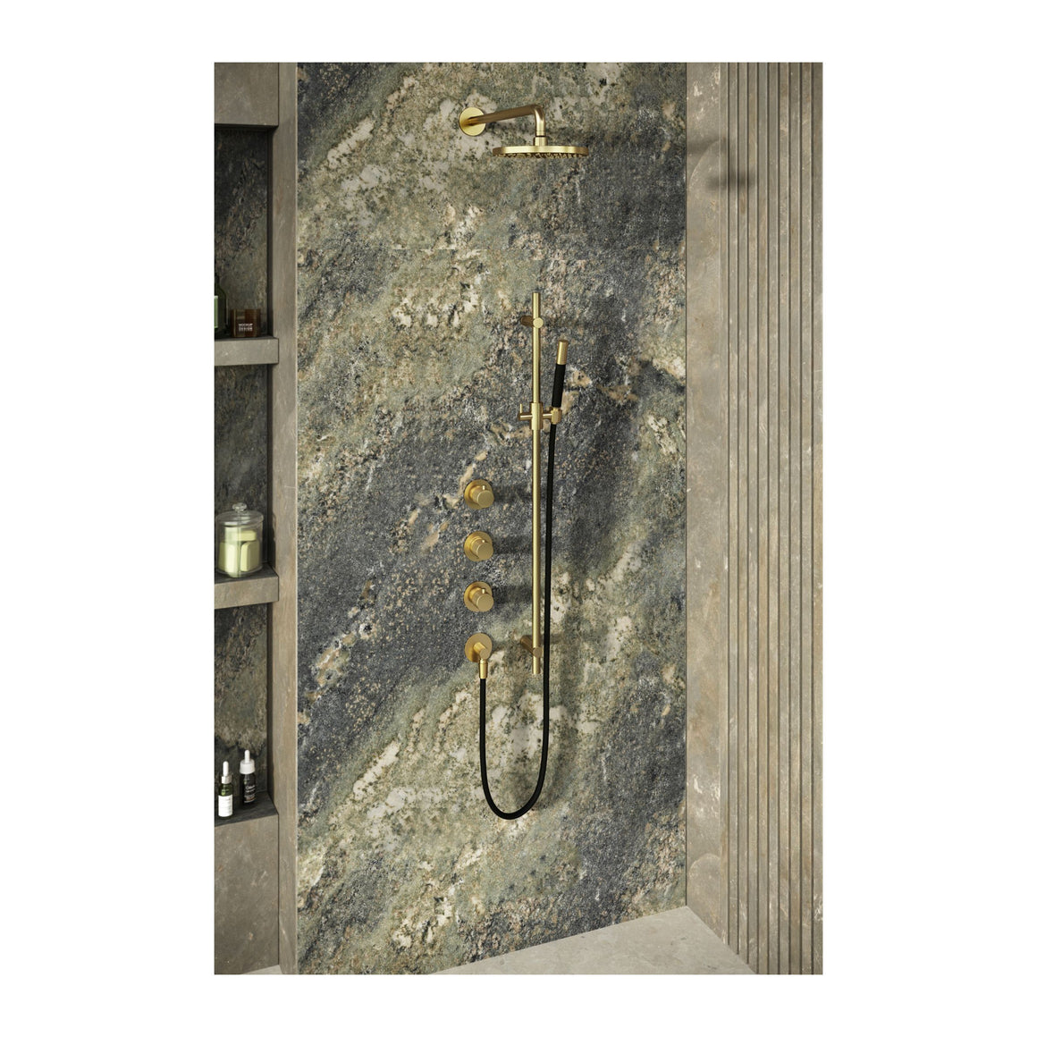 Hotbath Cobber X IBSX70 inbouw regendoucheset thermostatisch met 2 stopkranen Geborsteld messing PVD Ronde handdouche + wandarm + hoofddouche 20 cm + glijstang productfoto