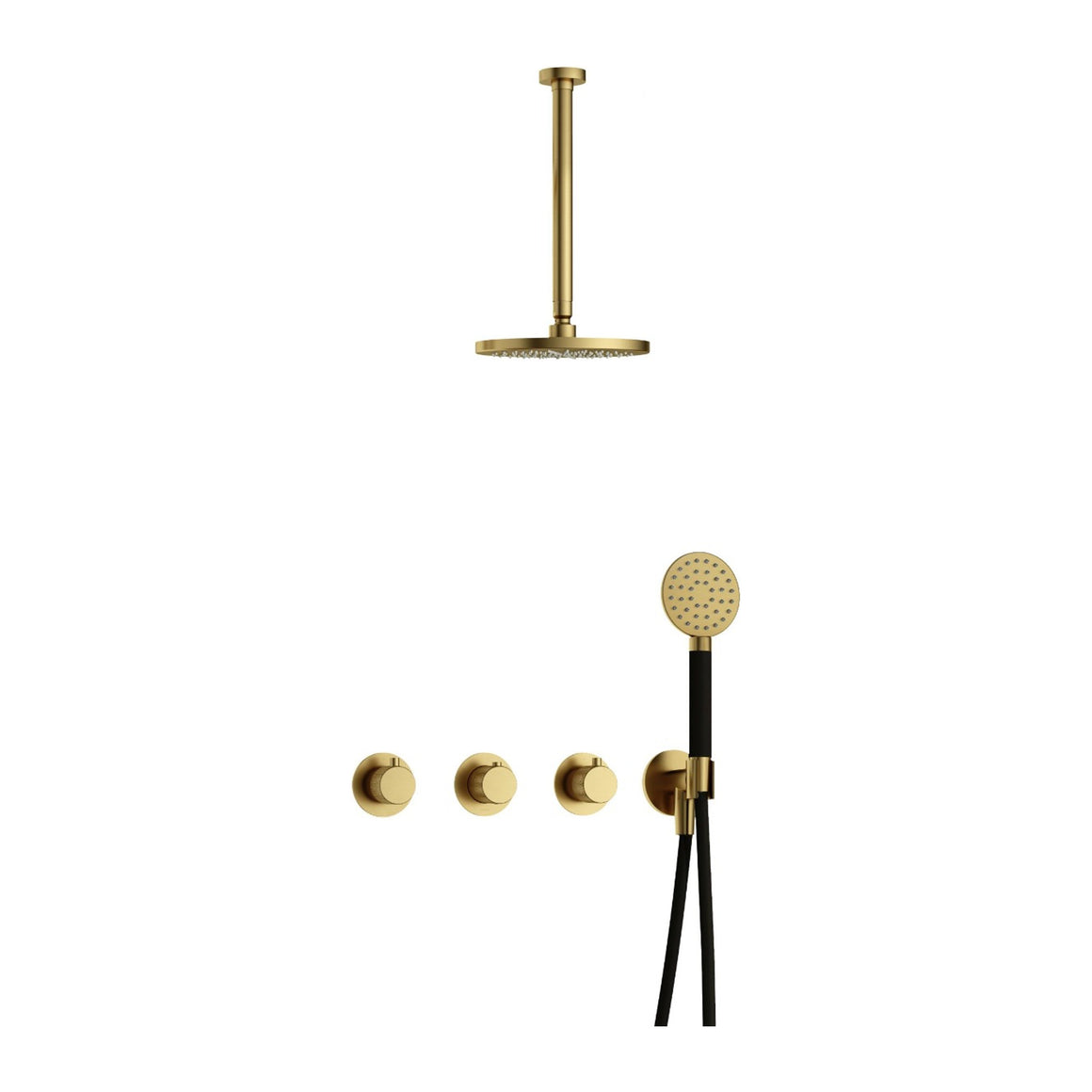 Hotbath Cobber X IBSX70 inbouw regendoucheset thermostatisch met 2 stopkranen Geborsteld messing PVD Ronde handdouche + plafondbuis 30 cm + hoofddouche 20 cm productfoto