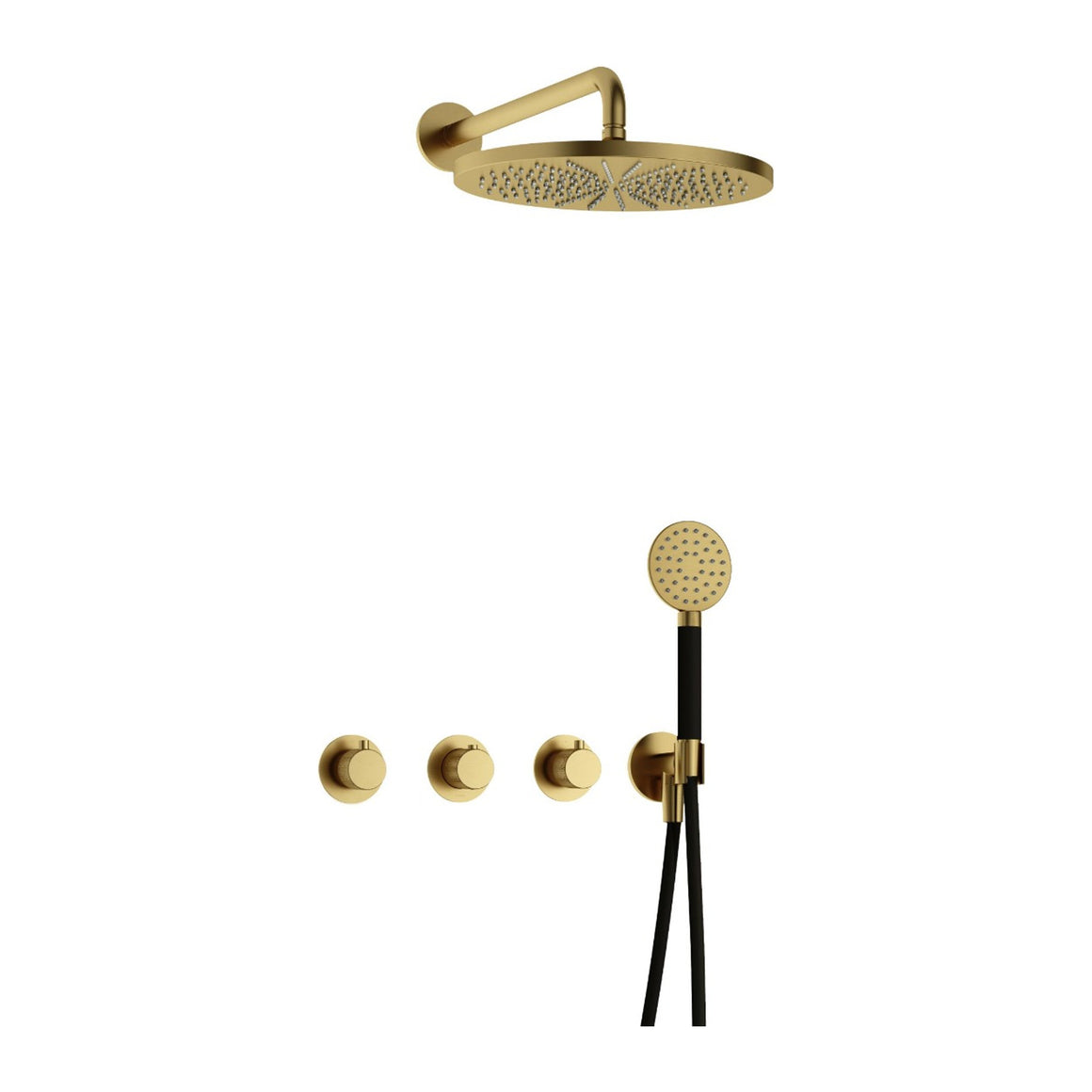 Hotbath Cobber X IBSX70 inbouw regendoucheset thermostatisch met 2 stopkranen Geborsteld messing PVD Ronde handdouche + wandarm + hoofddouche 30 cm productfoto