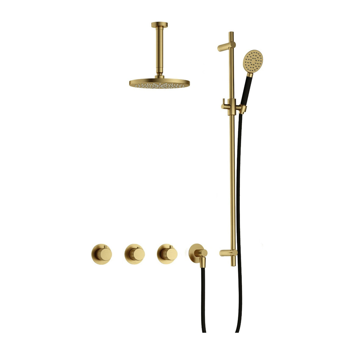 Hotbath Cobber X IBSX70 inbouw regendoucheset thermostatisch met 2 stopkranen Geborsteld messing PVD Ronde handdouche + plafondbuis 15 cm + hoofddouche 20 cm + glijstang productfoto