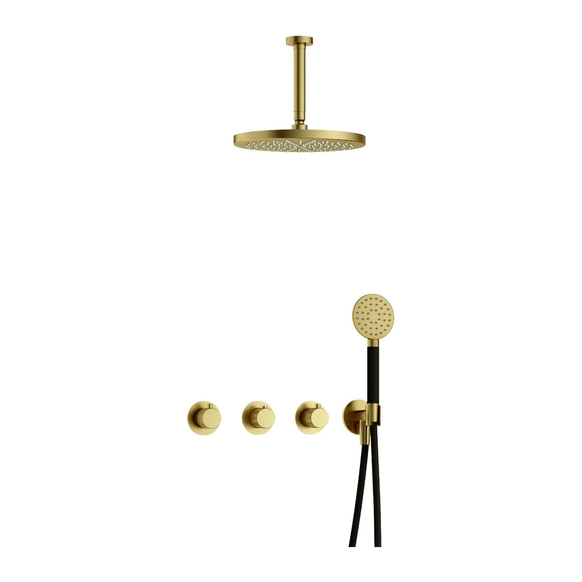Hotbath Cobber X IBSX70 inbouw regendoucheset thermostatisch met 2 stopkranen Geborsteld messing PVD Ronde handdouche + plafondbuis 15 cm + hoofddouche 30 cm productfoto