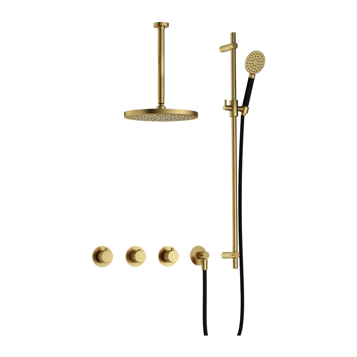 Hotbath Cobber X IBSX70 inbouw regendoucheset thermostatisch met 2 stopkranen Geborsteld messing PVD Ronde handdouche + plafondbuis 30 cm + hoofddouche 20 cm + glijstang productfoto