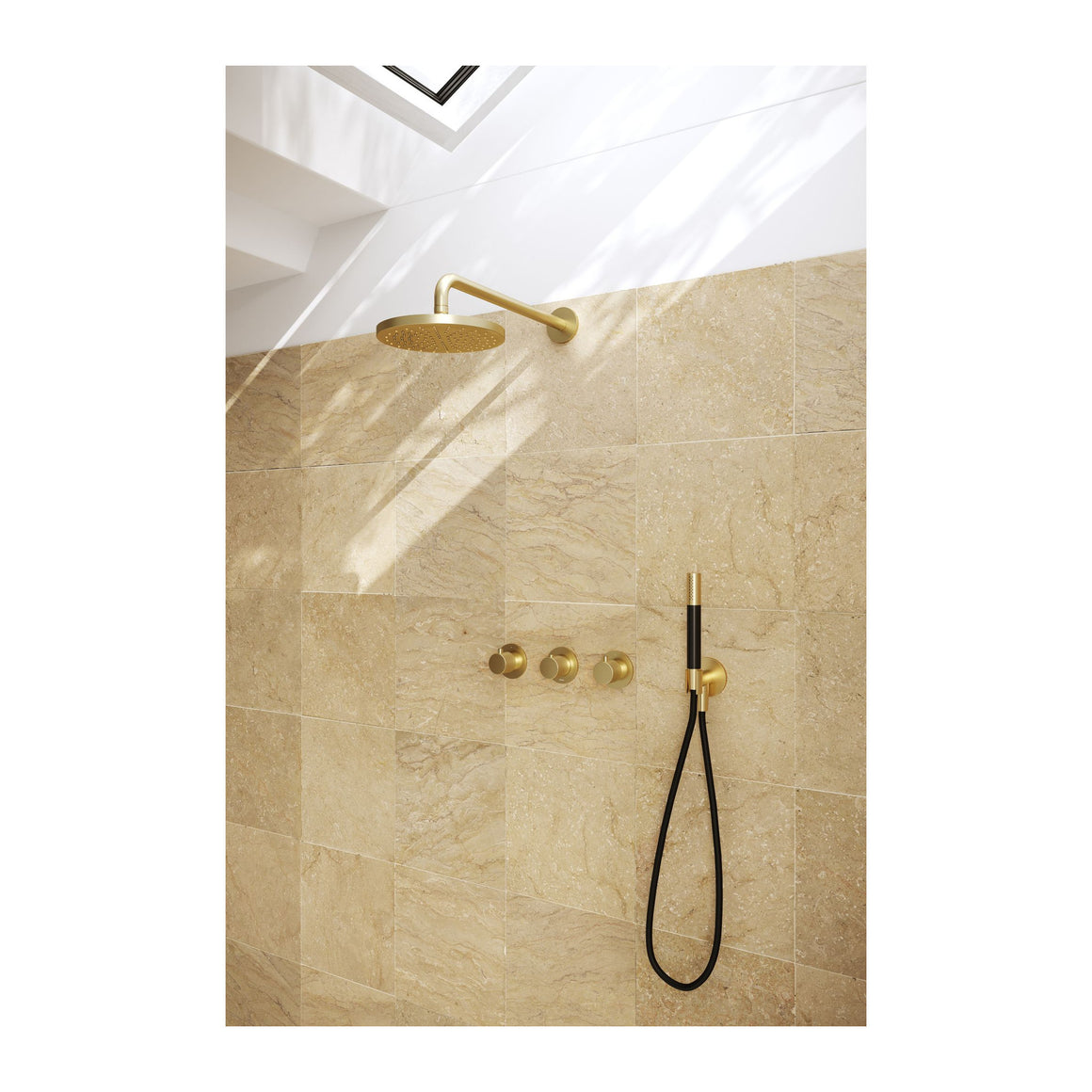 Hotbath Cobber X IBSX70 inbouw regendoucheset thermostatisch met 2 stopkranen Geborsteld messing PVD Staafhanddouche + wandarm + hoofddouche 20 cm productfoto
