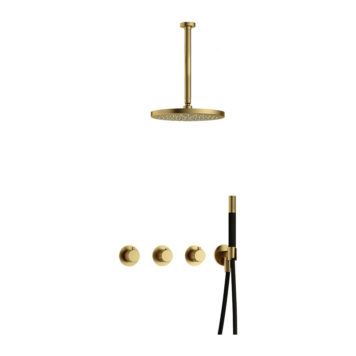Hotbath Cobber X IBSX70 inbouw regendoucheset thermostatisch met 2 stopkranen Geborsteld messing PVD Staafhanddouche + plafondbuis 30 cm + hoofddouche 30 cm productfoto