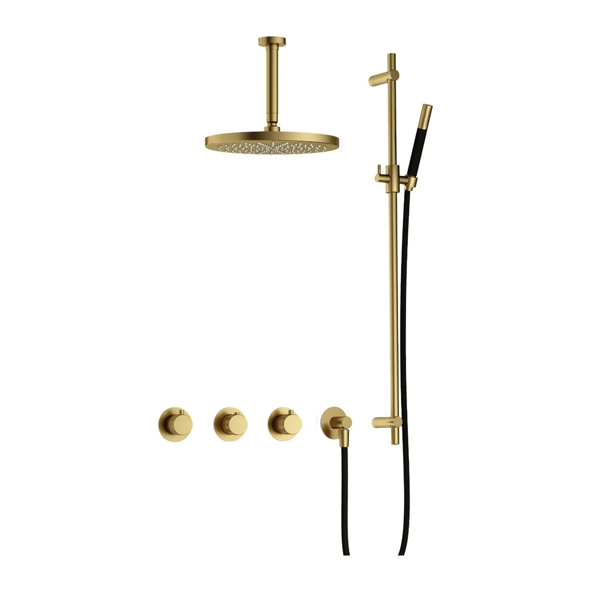 Hotbath Cobber X IBSX70 inbouw regendoucheset thermostatisch met 2 stopkranen Geborsteld messing PVD Staafhanddouche + plafondbuis 15 cm + hoofddouche 30 cm + glijstang productfoto