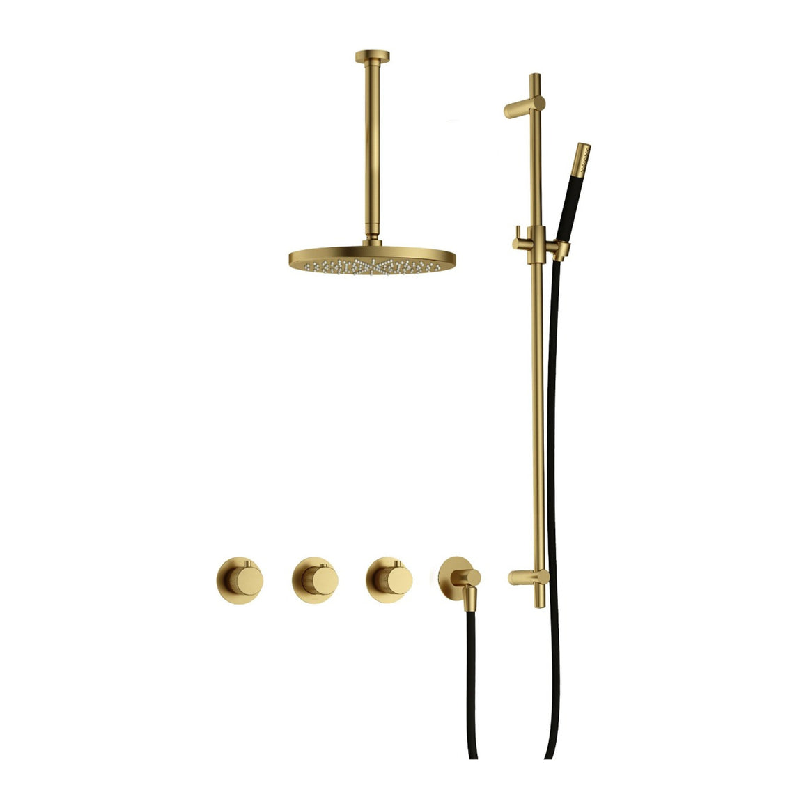 Hotbath Cobber X IBSX70 inbouw regendoucheset thermostatisch met 2 stopkranen Geborsteld messing PVD Staafhanddouche + plafondbuis 30 cm + hoofddouche 30 cm + glijstang productfoto