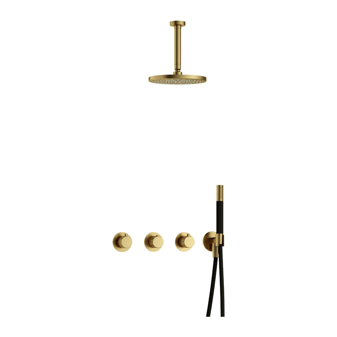 Hotbath Cobber X IBSX70 inbouw regendoucheset thermostatisch met 2 stopkranen Geborsteld messing PVD Staafhanddouche + plafondbuis 15 cm + hoofddouche 20 cm productfoto