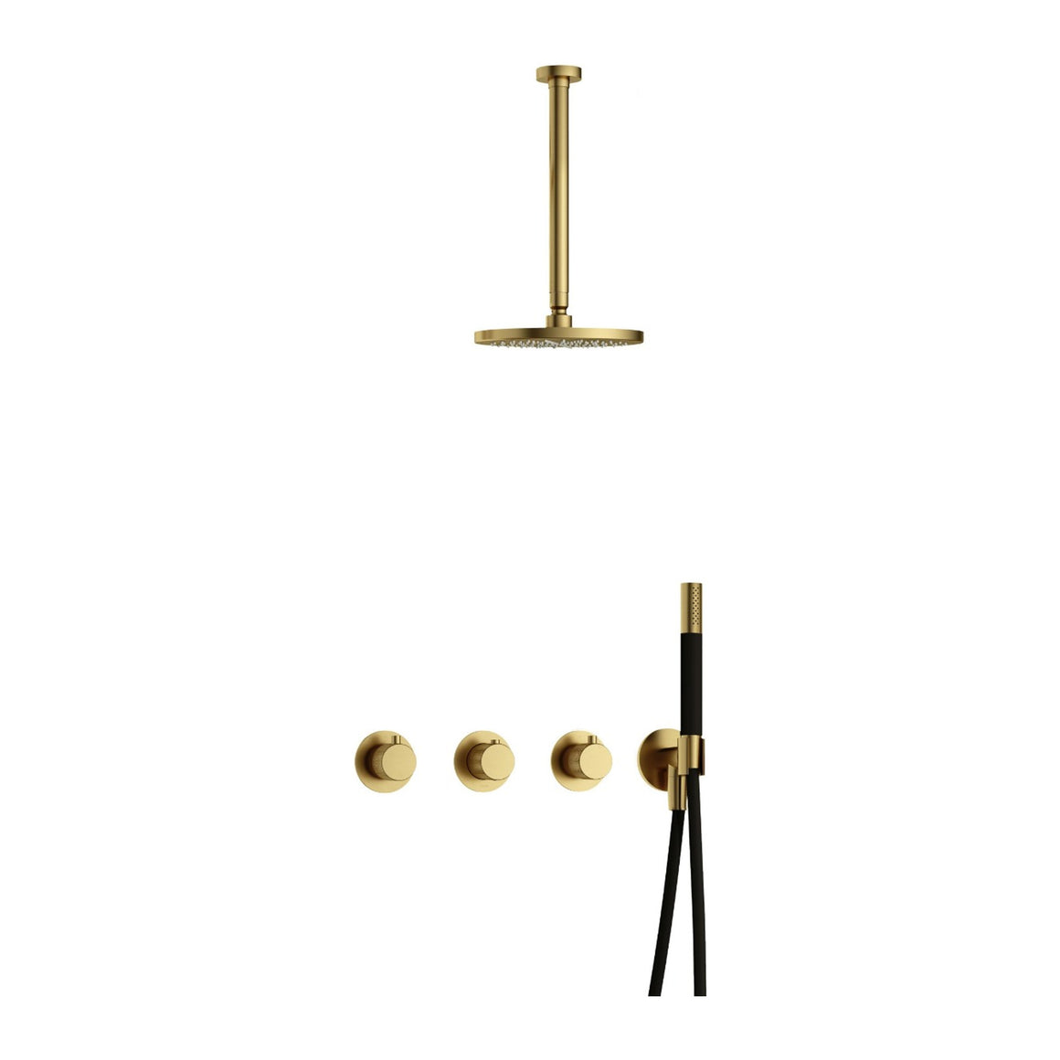 Hotbath Cobber X IBSX70 inbouw regendoucheset thermostatisch met 2 stopkranen Geborsteld messing PVD Staafhanddouche + plafondbuis 30 cm + hoofddouche 20 cm productfoto