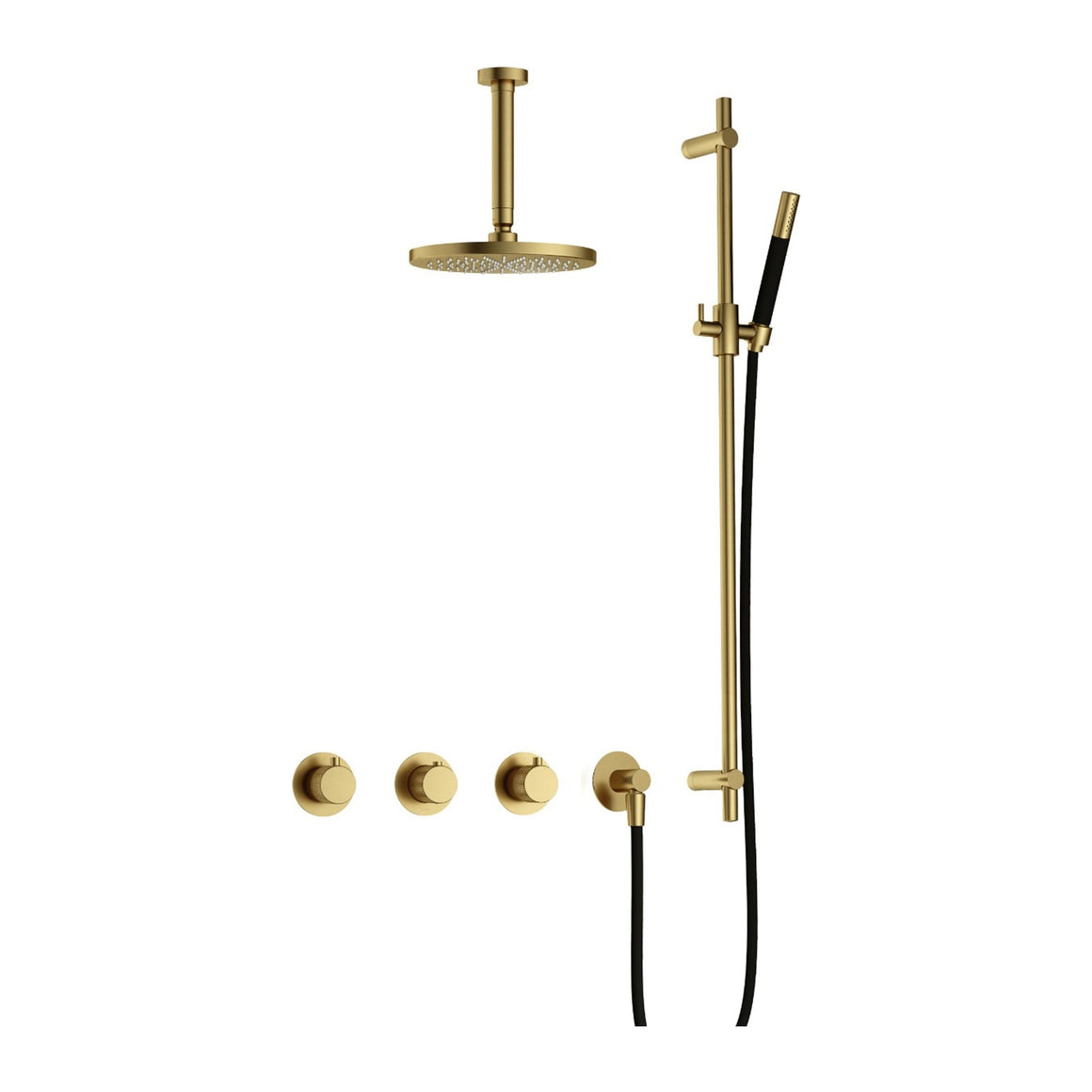 Hotbath Cobber X IBSX70 inbouw regendoucheset thermostatisch met 2 stopkranen Geborsteld messing PVD Staafhanddouche + plafondbuis 15 cm + hoofddouche 20 cm + glijstang productfoto