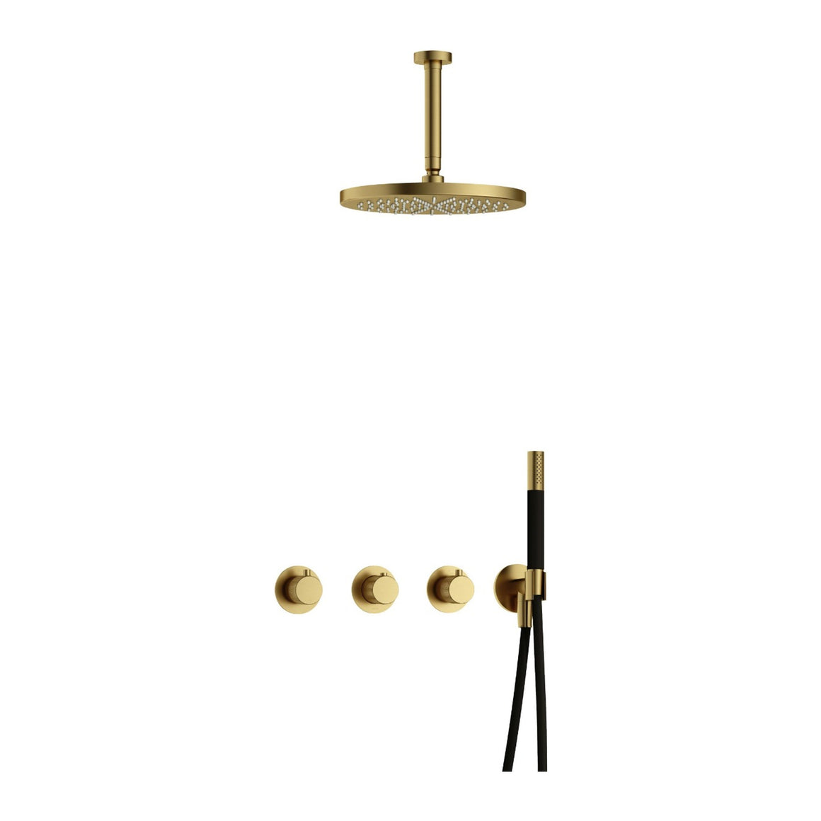 Hotbath Cobber X IBSX70 inbouw regendoucheset thermostatisch met 2 stopkranen Geborsteld messing PVD Staafhanddouche + plafondbuis 15 cm + hoofddouche 30 cm productfoto