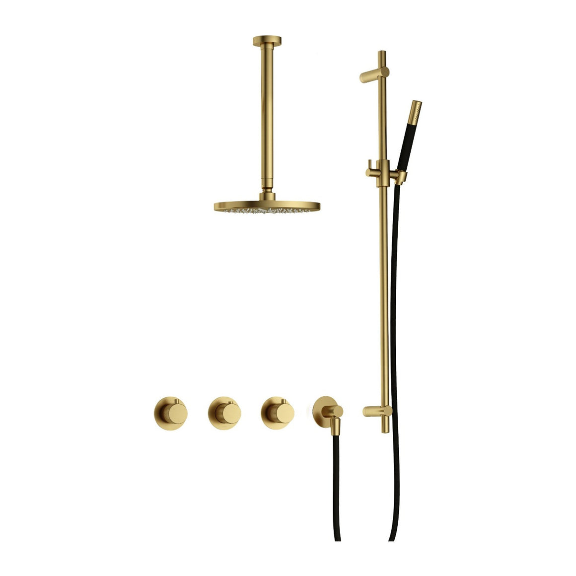 Hotbath Cobber X IBSX70 inbouw regendoucheset thermostatisch met 2 stopkranen Geborsteld messing PVD Staafhanddouche + plafondbuis 30 cm + hoofddouche 20 cm + glijstang productfoto