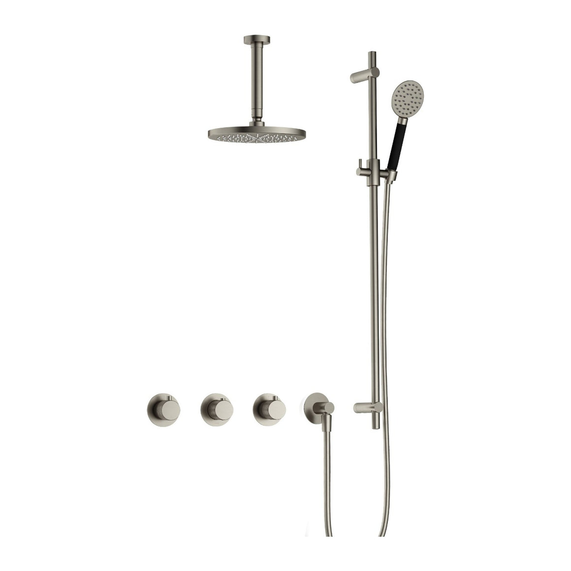 Hotbath Cobber X IBSX70 inbouw regendoucheset thermostatisch met 2 stopkranen Geborsteld nikkel Ronde handdouche + plafondbuis 15 cm + hoofddouche 20 cm + glijstang productfoto