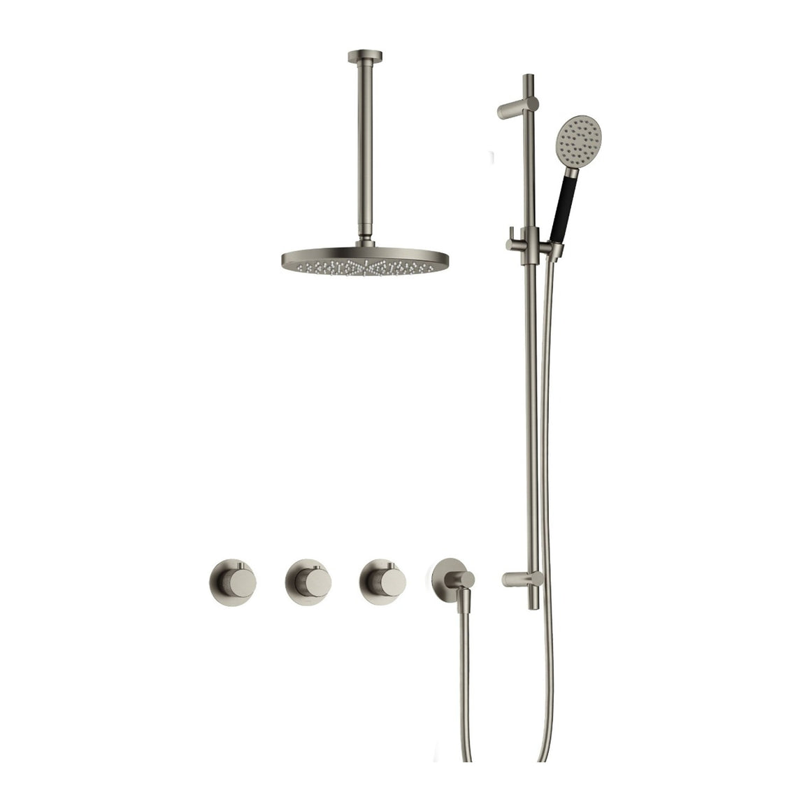 Hotbath Cobber X IBSX70 inbouw regendoucheset thermostatisch met 2 stopkranen Geborsteld nikkel Ronde handdouche + plafondbuis 30 cm + hoofddouche 20 cm + glijstang productfoto