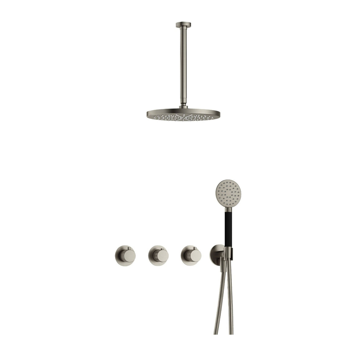 Hotbath Cobber X IBSX70 inbouw regendoucheset thermostatisch met 2 stopkranen Geborsteld nikkel Ronde handdouche + plafondbuis 30 cm + hoofddouche 30 cm productfoto