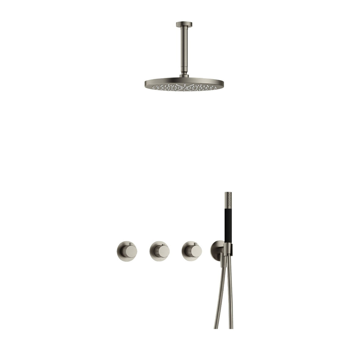 Hotbath Cobber X IBSX70 inbouw regendoucheset thermostatisch met 2 stopkranen Geborsteld nikkel Staafhanddouche + plafondbuis 15 cm + hoofddouche 30 cm productfoto