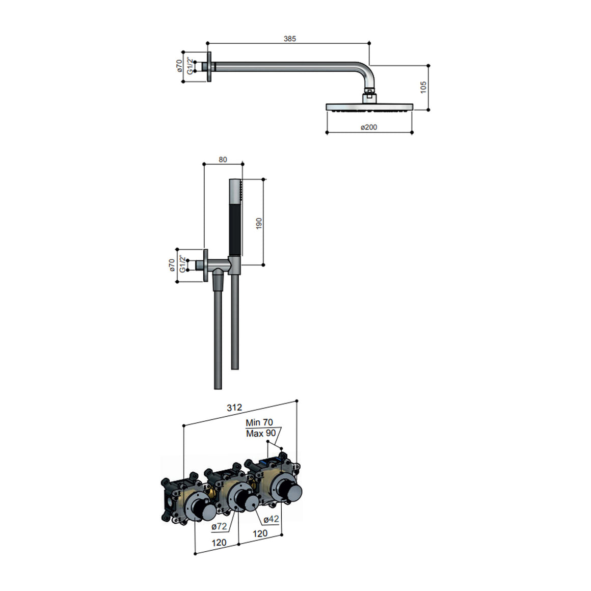 Hotbath Cobber X IBSX70 inbouw regendoucheset thermostatisch met 2 stopkranen Geborsteld nikkel Staafhanddouche + wandarm + hoofddouche 30 cm + glijstang productfoto